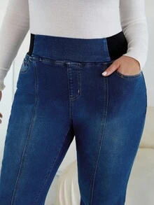 SHEIN CURVE+ Women Plus Retro Dark Blue Autumn And Winter High-Elastic Flared Jeans,All,Halloween Costumes, Country Style For Women, Chic Autumn - Dark Wash - View 6