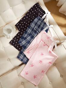 SHEIN 3pcs Women Plaid & Bowknot & Polka Dot Pink Pajama Pants Set, Fall & Winter Clothes - Multicolor - View 3