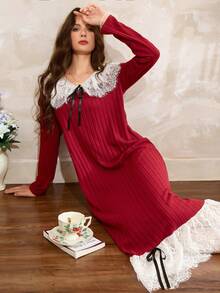 فستان ماكسي أنيق مخطط مبطن للنساء، قميص نوم أنيق للخريف/الشتاء، قميص نوم طويل الأكمام، قميص نوم من الدانتيل، قميص نوم كوتاجكور، قميص نوم مزين بالدانتيل، قميص نوم أحمر، خريف - عنابي اللون - مشاهدة 4