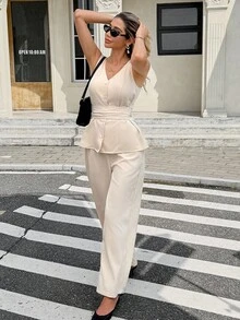 SHEIN Frenchy 女士纯色单排扣腰褶无袖上衣和裤子休闲两件套 - 杏色 - 查看 7