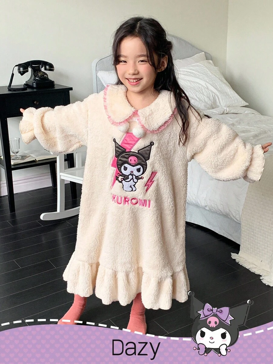 DAZY HELLO KITTY AND FRIENDS | SHEIN 少女冬季卡通刺绣彼得潘领睡衣套装，秋冬 - 米色 - 查看 1