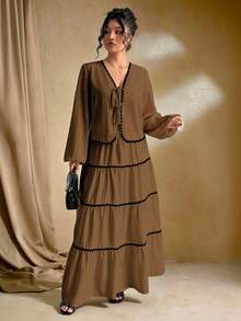 SHEIN Tall 加大码女式编织纹理长袖开衫，搭配系带腰带、撞色荷叶边下摆设计、松紧腰长裙、法式优雅浪漫两件套 - 咖啡棕 - 查看 5