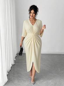 Elenzga Plus Size V-Neck Cinched Waist Bodycon Dress