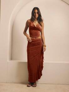 SHEIN Aralina-F Váy maxi nữ dáng suông, cạp cao, xếp ly, có dây rút bên hông và xẻ tà, thích hợp cho kỳ nghỉ. - Màu Đỏ Sâu - Xem 5