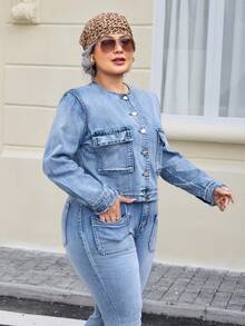 EMERY ROSE Áo khoác denim vừa vặn, cổ điển, thời trang dành cho nữ cỡ lớn - Rửa nhẹ - Xem 6