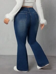 SHEIN ICON 大码弹力修身水洗喇叭牛仔裤 - 深色水洗藍 - 查看 2