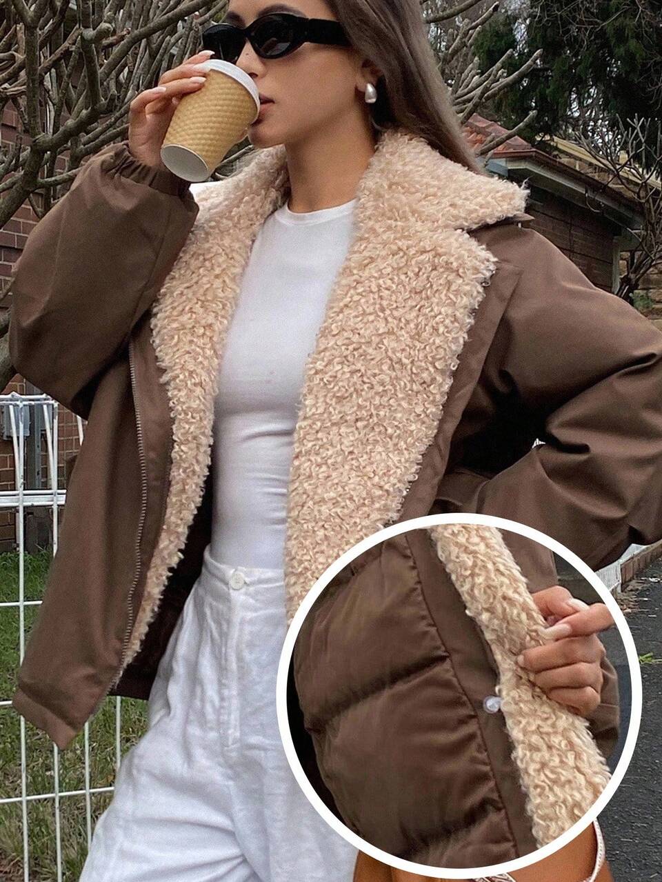 Women's Padded Coat, Vintage American Style Thick Sherpa Collar Contrast Color Maillard Jacket Winter