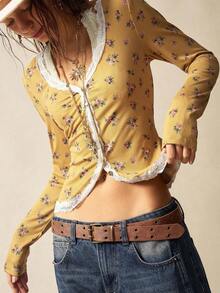 Bohemela 女式休闲针织印花长袖上衣 - 黃色 - 查看 2