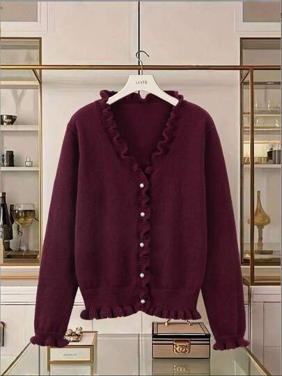 EMERY ROSE Cardigan feminino com botões frontais e babados, cor sólida, outono/inverno