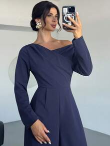 Firerie Macacão feminino azul-marinho, cor sólida, manga comprida, cintura plissada, pernas largas, extra longo, elegante e generoso, macacão feminino formal, elegante, romântico, assimétrico, cruzado, traje feminino para professora, macacão feminino para o dia a dia, roupa primavera, outono e inverno, elegante, para o dia a dia, casual, diário, minimalista, traje de trabalho - Azul marinho - Ver 1