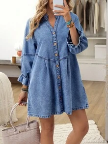 EMERY ROSE 大码休闲前扣牛仔连衣裙 - 藍色 - 查看 1