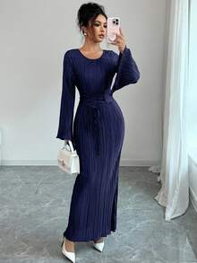 Elenzga 标准尺寸女式纯色圆领系带休闲喇叭袖长裙 - 藏蓝色 - 查看 5