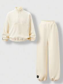 SHEIN 2pcs/Set Tween Girls Casual Solid Color Thermal Lined Stand Collar Half Zip Pullover Sweatshirt And Pants, Comfortable Fabric Suitable For Daily Wear, School, Indoor, Outdoor, Outing, Minimalist, Sportswear, Autumn/Winter, Thick Clothing,ChicAutumn,Halloween, Christmas