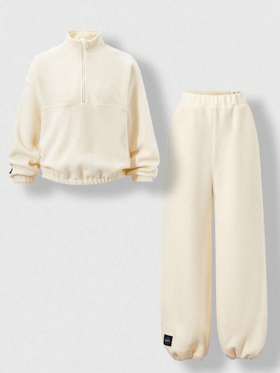 SHEIN 2pcs/Set Tween Girls Casual Solid Color Thermal Lined Stand Collar Half Zip Pullover Sweatshirt And Pants, Comfortable Fabric Suitable For Daily Wear, School, Indoor, Outdoor, Outing, Minimalist, Sportswear, Autumn/Winter, Thick Clothing,ChicAutumn,Halloween, Christmas