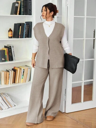 Lounesse Plusstorlek Dam Casual All-Match Enfärgad Stickad 2-delad Set, Bekväm & Mångsidig För Urban Slaskig Livsstil