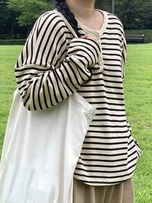 DAZY 大码落肩条纹T恤，配色设计，秋季服装，返校服装长袖女上衣 - 黑與白 - 查看 10