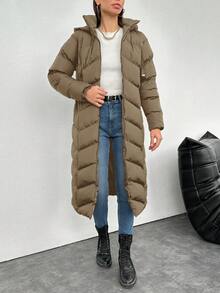 EURMUSE Women's Solid Color Hooded Drawstring Long Cotton Padded Coat, Winter - Camel - View 3