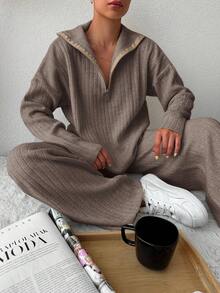 EURMUSE Drop Shoulder Sweater With Half Zipper And Knitted Pants Two Piece Set - Mocha Brown - View 6