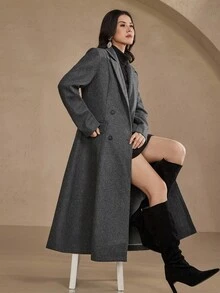 DAZY 女士秋冬翻领收腰喇叭形大衣 - 咖啡棕 - 查看 4