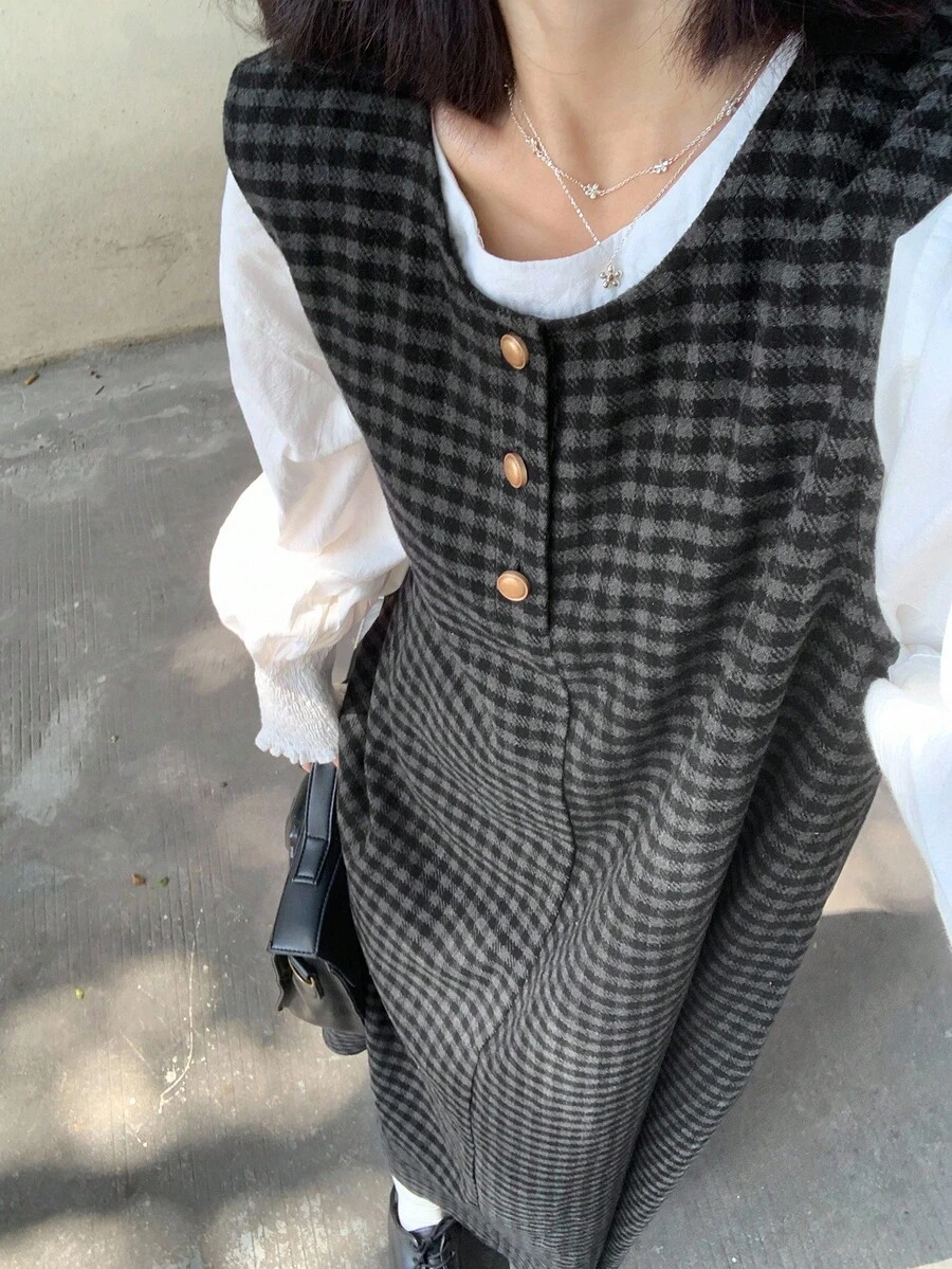 FRIFUL 女士纽扣半襟格子圆领无袖休闲宽松长款连衣裙 - 灰色 - 查看 1