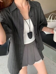 DAZY Women's Dark Grey Pinstriped Casual Blouse With Half Sleeves And Collar Neckline For A Chic Everyday Look - Dark Grey - View 3