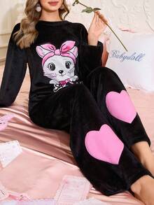 SHEIN Cute Heart & Cat Pattern Flannel Women Pajama Set, Fall/Winter Clothes, Fluffy, Cozy - Multicolor - View 1