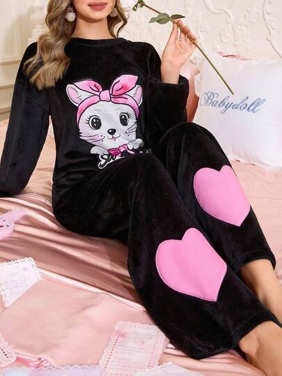SHEIN Cute Heart & Cat Pattern Flannel Women Pajama Set, Fall/Winter Clothes, Fluffy, Cozy