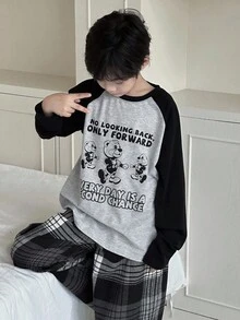 Dazy Kids Tween Boy Contrast Color Patchwork Cartoon Slogan Print Long Sleeve Top & Plaid Pants Pajama Set - Grey - View 6