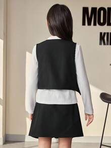 Conjunto de moda para niña preadolescente con chaleco de una hilera con decoración floral, camiseta de manga larga con cuello alto sólido y falda mini plisada