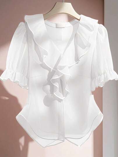 SHEIN Clasi Plus Size Solid Color Minimalist Ruffled Hem Short Sleeve Blouse,Going Out Tops White Ruffle Blouse Women White Blouse,Teacher Shirts