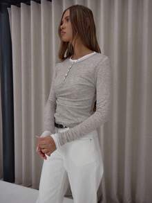 MUSERA Double Layered Button Detail Long Sleeve Top Cute Classy Sexy Streetwear Fall Autumn Night Out Winter - Khaki - View 1