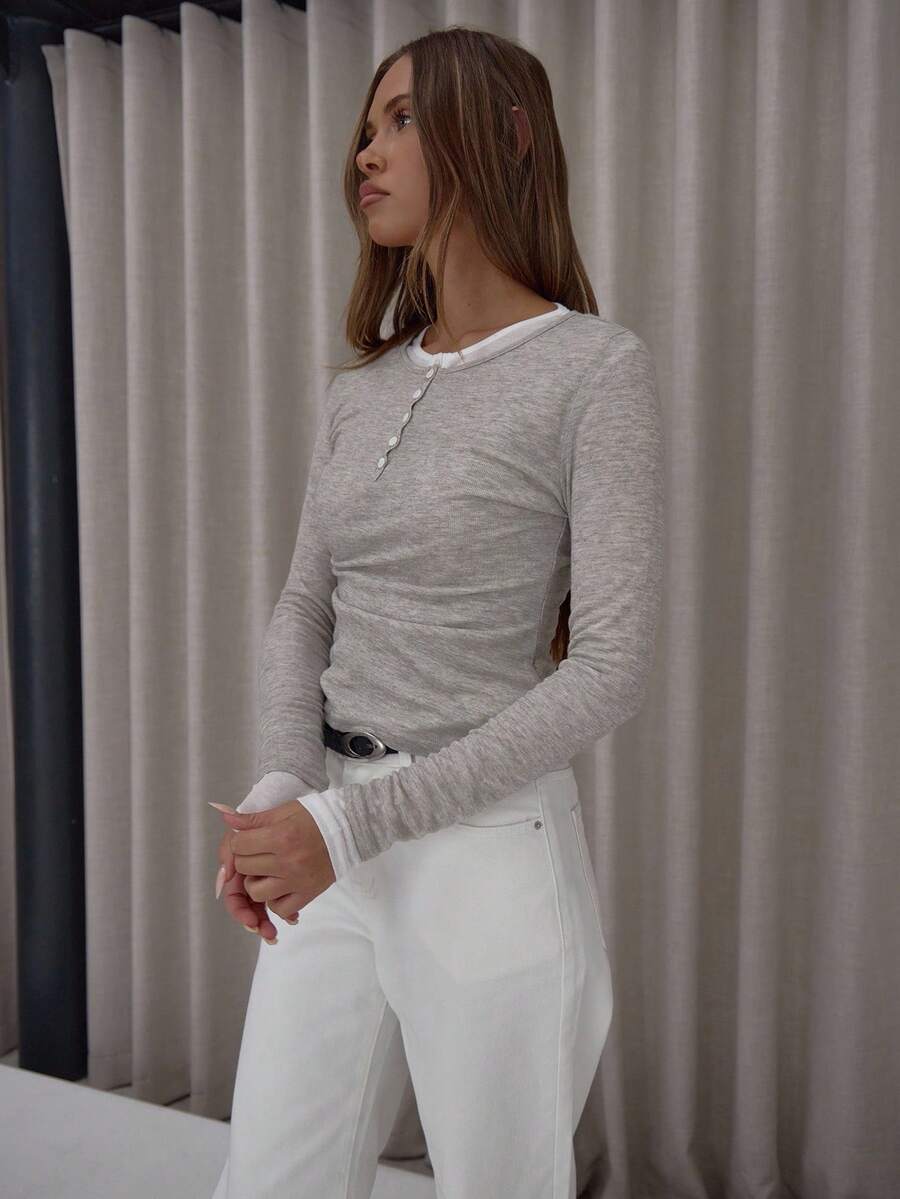 MUSERA Double Layered Button Detail Long Sleeve Top Cute Classy Sexy Streetwear Fall Autumn Night Out Winter - Khaki - View 1