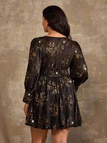 Roveilla Robe de soirée à manches longues, col en V, froncée avec décoration de boutons, grande taille, automne/hiver - Noir - Voir 2