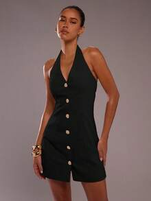 SHEIN BAE Women's Sexy Solid Color Front Button Backless Halter Mini Dress, Summer - Black - View 6