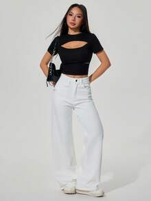 SHEIN ICON Casual Versatile Solid Color Loose Straight Leg White Jeans - White - View 6