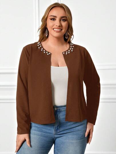 EMERY ROSE Jaquetas femininas plus size casuais com decoração de pérolas e manga comprida leves