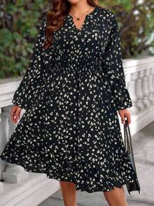 EMERY ROSE Vestido casual de manga farol con bolsillo, cintura con cordón y estampado todo sobre, talla grande, otoño