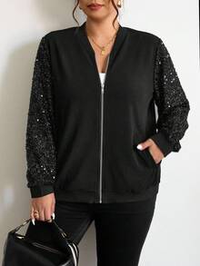 SHEIN Essnce Áo khoác bóng chày thường ngày tay dài có khóa kéo, họa tiết chắp vá kim sa trơn màu cỡ lớn dành cho nữ, mùa thu - màu đen - Xem 3