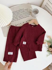 SHEIN Babygirl 休闲针织卡其色长袖上衣和松紧腰裤两件套，秋冬