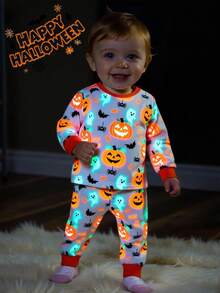 Set 2 buc/set pijama pentru copii mici, băieți/fete, model de dovleac, tricotat, moale, confortabil, cu guler rotund, mânecă lungă, top și colanți, pijama clasică, confortabilă, casual, de bază, potrivită pentru Halloween - Portocale - Vizualizare 1