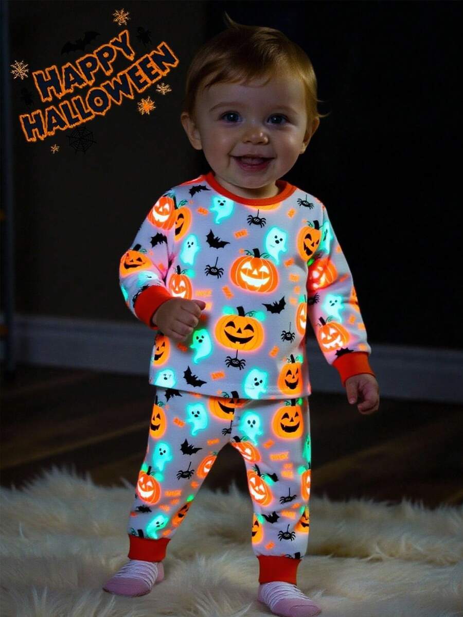 Set 2 buc/set pijama pentru copii mici, băieți/fete, model de dovleac, tricotat, moale, confortabil, cu guler rotund, mânecă lungă, top și colanți, pijama clasică, confortabilă, casual, de bază, potrivită pentru Halloween - Portocale - Vizualizare 1