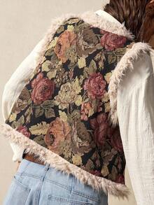 Bohemela 女式休闲花卉提花开襟无袖仿皮草大衣，秋冬 - 彩色 - 查看 6