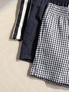 Souflis Souflis 3pcs Infant & Toddler Boys' Casual Khaki Plaid, Black & White Stripe, Solid Color Shorts, Summer Essentials For Daily Wear, Vacation & Outings