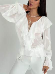 Aloruh 女士荷叶边领前系带喇叭袖宽松时尚衬衫返校季返校季返校季返校季女士返校节白色碎花浪漫荷叶边衬衫气质女神 - 白色 - 查看 6