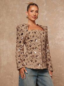 Lumalex Blazer femme à manches longues avec taille cintrée, col carré, imprimé léopard ou guépard. Top élégant pour femme, robe élégante et glamour pour les fêtes, les soirées, les mariages, les vacances, les festivals et les occasions spéciales en automne et en hiver. - Kaki - Voir 5