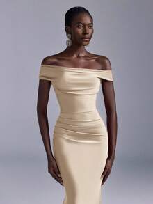 Elitara Elegant Ruched Off Shoulder Mermaid Dress, Suitable For Weddings, Parties, Vacations, Prom, Bridesmaid (Adult) - Apricot - View 4
