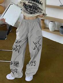 INAWLY 女士抽绳腰部字母五角星印花阔腿宽松休闲宽松长裤 - 灰色 - 查看 6