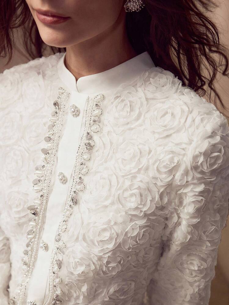 VESTIDO MIDI PLISADO DE GASA CON TEXTURA DE ROSA DECORATIVA PARA MUJER