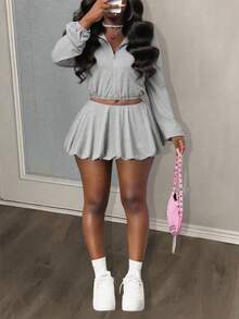 Slaydiva Bộ đồ hai mảnh nữ mùa hè và thu 2025 mới màu xám nhạt rộng rãi tay dài có khóa kéo ngắn + chân váy mini họa tiết nụ hoa, du lịch, du lịch hàng ngày, tụ tập tiệc tùng, hẹn hò, trang phục ăn trưa, trang phục du lịch sân bay, trở lại trường, tốt nghiệp, thường ngày-B - Màu Xám nhạt - Xem 1