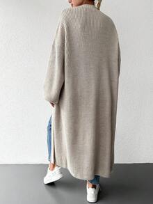 EURMUSE Drop Shoulder Open Front Longline Cardigan - Apricot - View 2